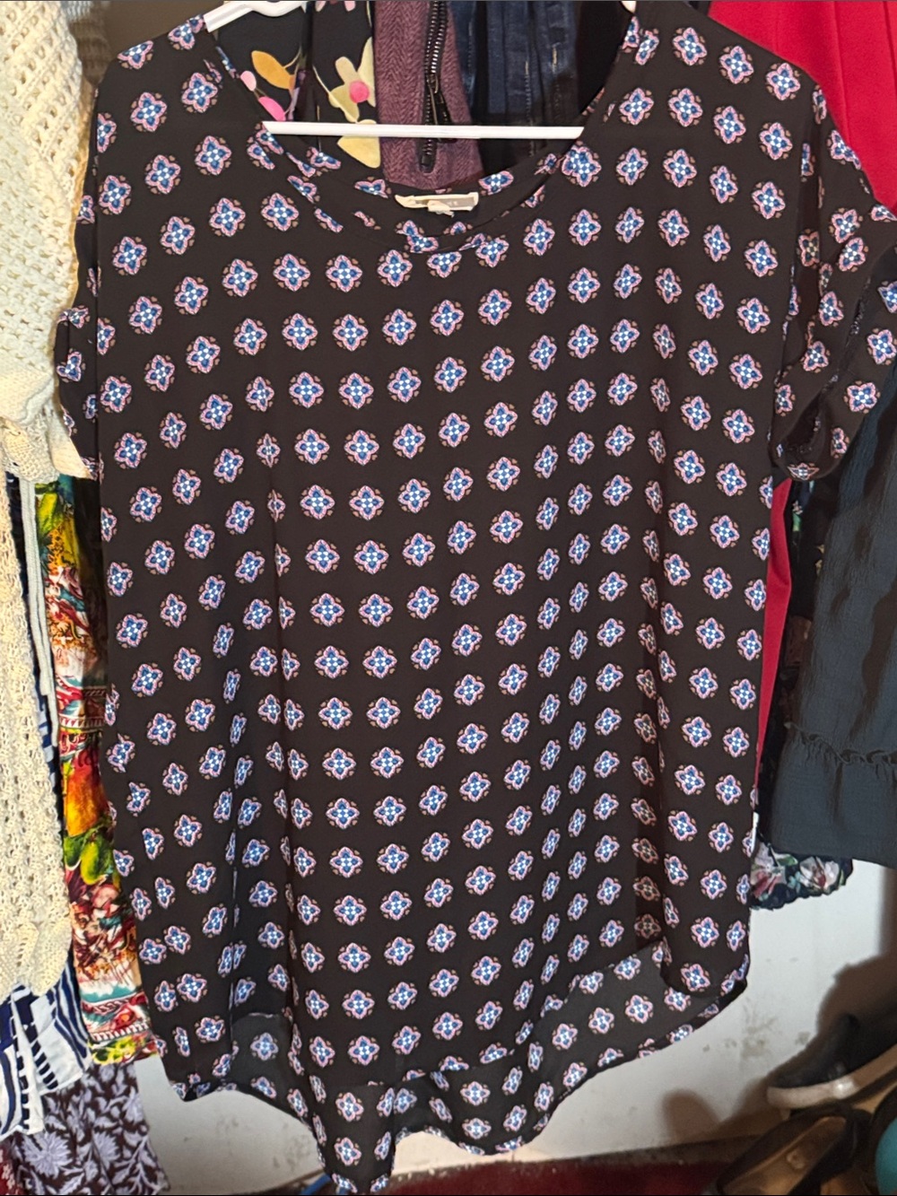 Pleione Black Short-Sleeve Printed Blouse with Lilac Motif